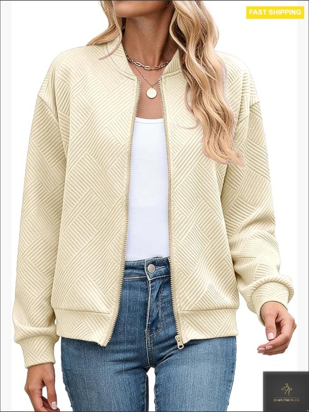 Textured Geometric Bomber Jacket Cropped Long Sleeve Lightweight Casual Zip Up